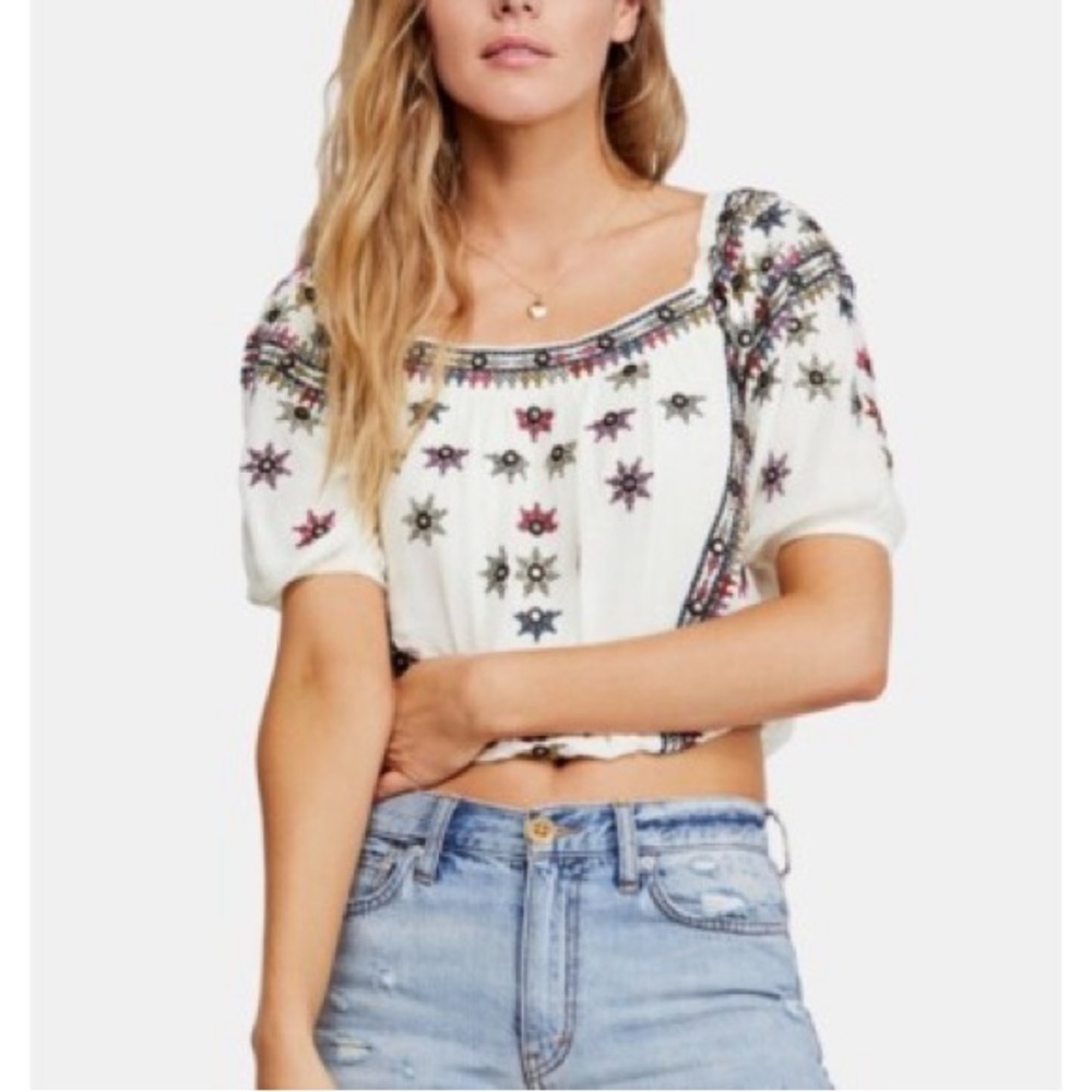 Free People Small Aurura Floral Embroidered Blouse Top Off Shoulder Crop sz M